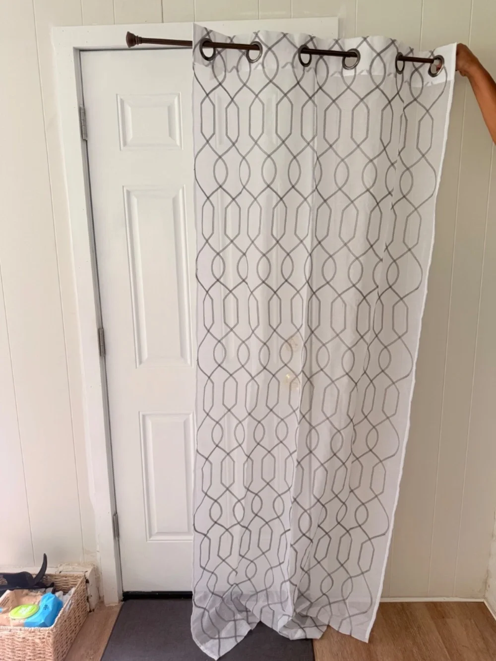 White Sheer Grommet Curtain Panel with grey Trellis Pattern